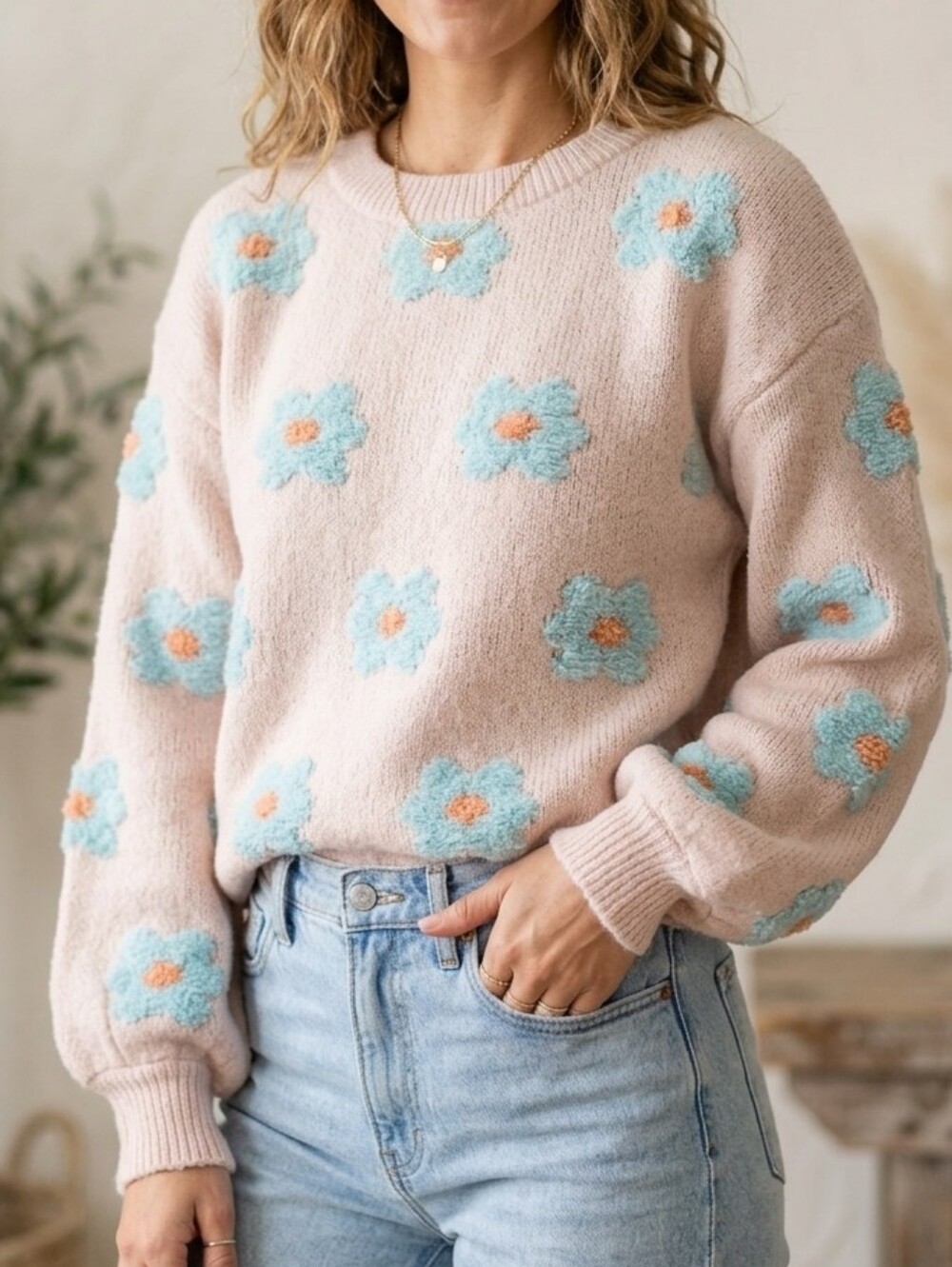 POL Floral Textured Knit Oversized Sweater - Pink & Blue - Size M